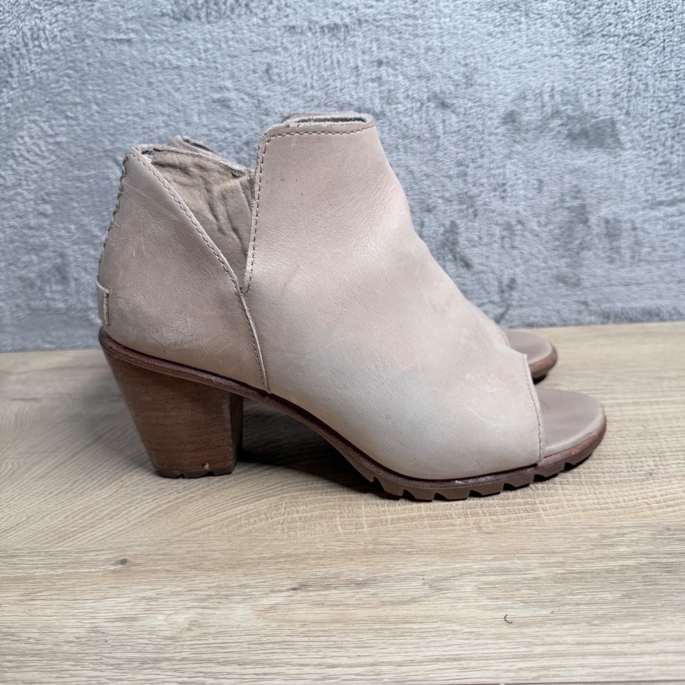Sorel Lolla Peep Toe Bootie Womens 7 Beige Leather Stacked Heel Side Zip Shoes - Picture 3 of 12